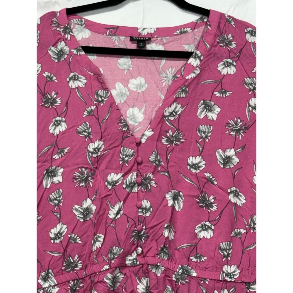 Torrid Top Womens 6 Vibrant Pink vibrant pink Floral V-Neck Puff‎ Sleeve Dress - Picture 4 of 10